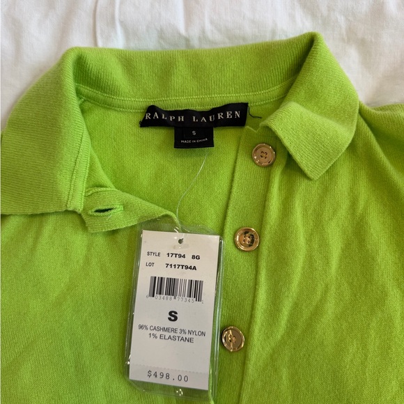 Ralph Lauren Lime Green Cashmere Polo with Gold Buttons - Picture 3 of 4
